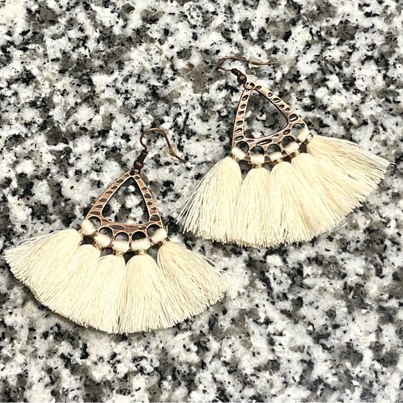 Bohemian Bronze Fan Shaped Cream Tassel Drop Earrings - Picture 1 of 5